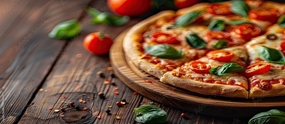 Poster a tempting pizza displayed on a wooden board with copy space image