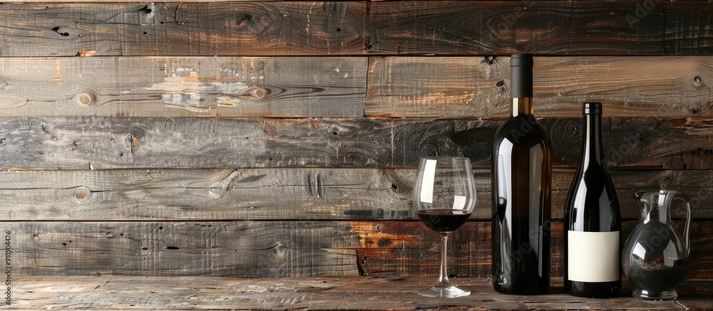 Poster restaurant table with empty wine glasses a wine bottle and jug on wooden surface with copy space ima