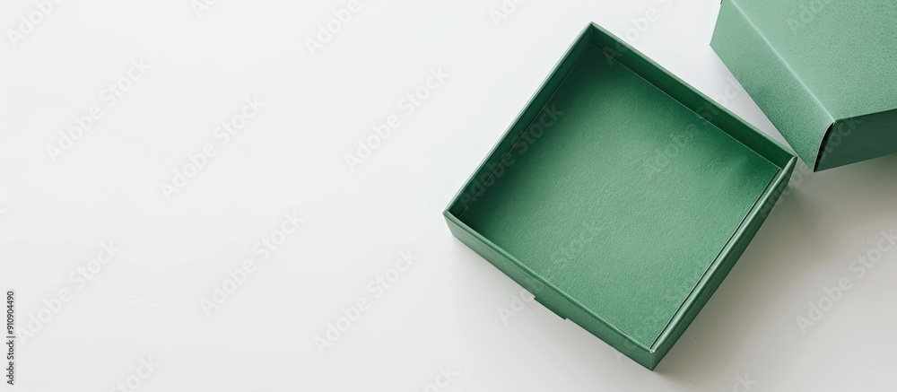Poster Green gift box with an open lid made of cardboard placed against a white backdrop to showcase a blank area for text or design serving as a copy space image