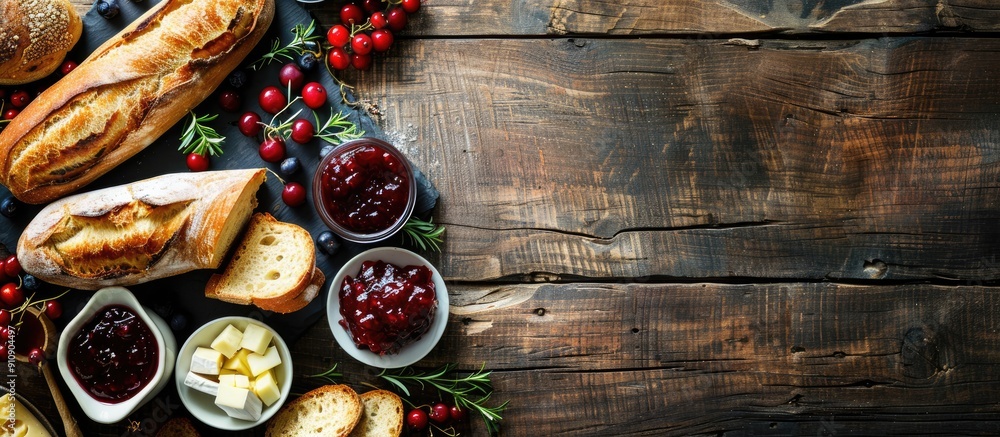 Aufkleber horizontal menu design featuring fresh bread camembert cheese and cowberry jam on a vintage dark woo