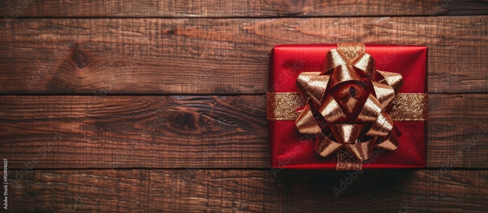 Poster a top view of a red gift box with a gold bow on a wooden table perfect for christmas and new year s 