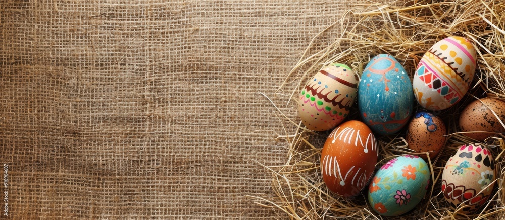 Aufkleber easter themed painted eggs creatively arranged on burlap and straw with a copy space image included