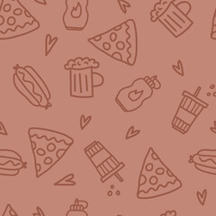 Seamless pattern of pizza, hot dog, sauce and beer. doodle hand-drawn vector illustration. Template for Notebook covers, pattern for wallpapers, for cafe, fast food restaurant. junk food