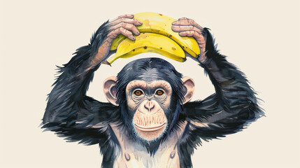 Fototapeta premium A playful chimpanzee joyfully holds a banana above its head in this charming watercolor illustration.