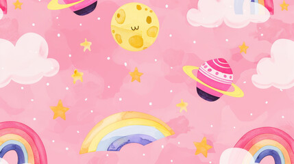A whimsical pattern featuring UFOs, stars, planets, rainbows, and clouds in bright watercolor hues that spark imagination.