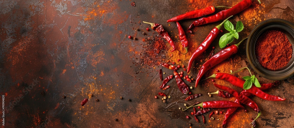 Poster Table background with various types of chilli powder fresh and dried peppers creating a vibrant copy space image