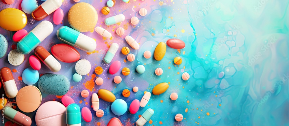 Poster vibrant pills and tablets with diverse colors on a drug themed border background perfect for copy sp