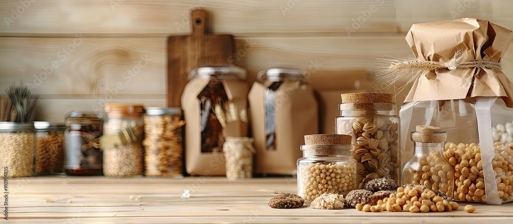 Poster light background showcases eco friendly food packagings with space for text in a copy space image