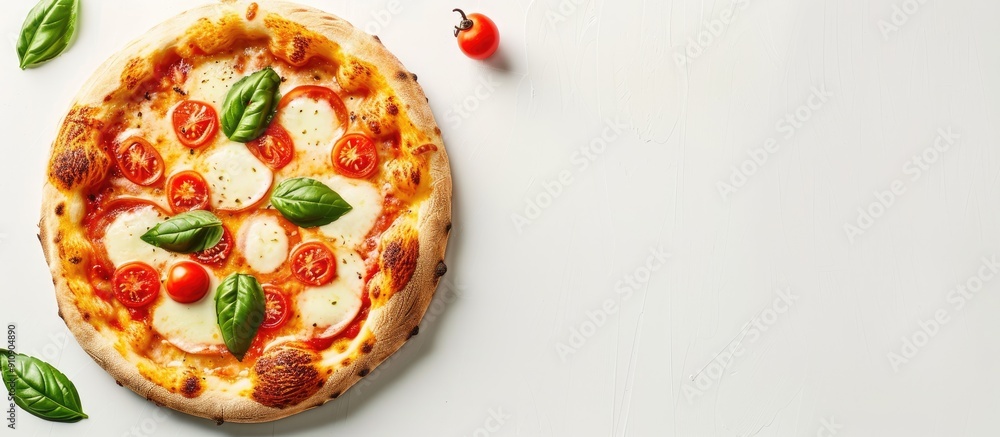 Poster Top view of a margherita pizza with copy space image presented on a white background