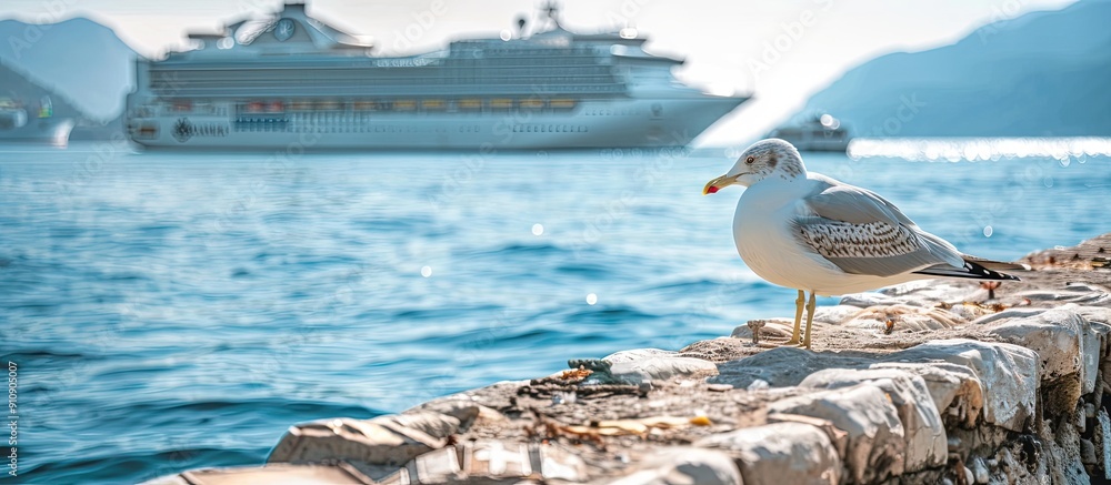 Poster Seagull perching on a rustic stone quay by the tranquil sea shore with a clear view of a cruise ship passing by in the background creating a picturesque copy space image
