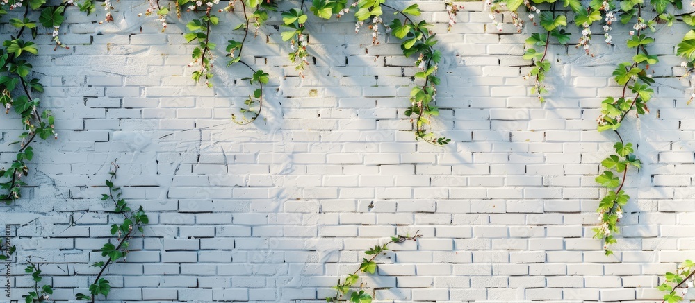 Sticker Old white brick wall adorned with a natural floral border and wild grape vines Suitable for a copy space image