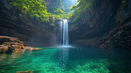 Majestic waterfall in a lush forest canyon with crystal-clear turquoise water creating a serene and tranquil environment