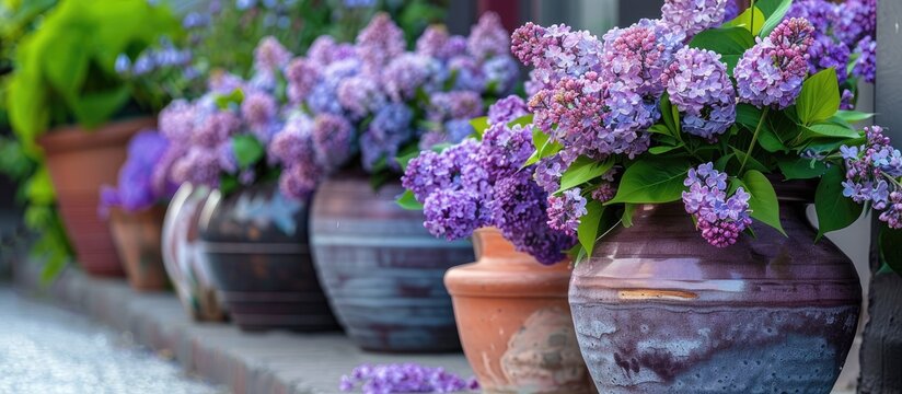 Spring flowers in lilac pots beautifully adorn the yard and street ideal for designers with a blank copy space image