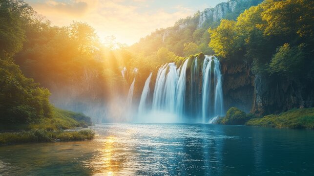 Golden hour over a breathtaking waterfall in a lush forest with sunlight streaming through the trees and mist rising from the water