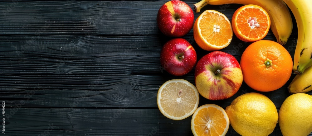 Aufkleber Fruits like lemons apples banana and tangerines are arranged on a black wooden table background with copy space image