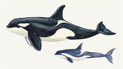 Obraz premium Discover the captivating digital watercolor depicting the size and power difference between a killer whale and its habitat. A striking visual