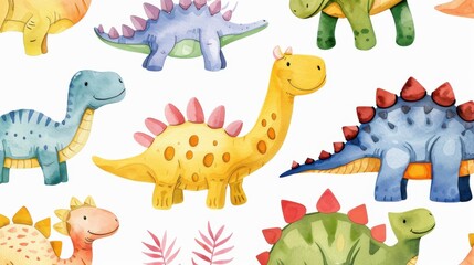 Brightly colored dinosaurs create a playful watercolor pattern, perfect for kids fabrics and digital designs, adding fun to any project.