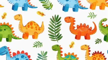 Naklejka premium A playful seamless pattern featuring cute dinosaurs, perfect for kids decor, apparel, and fun projects.