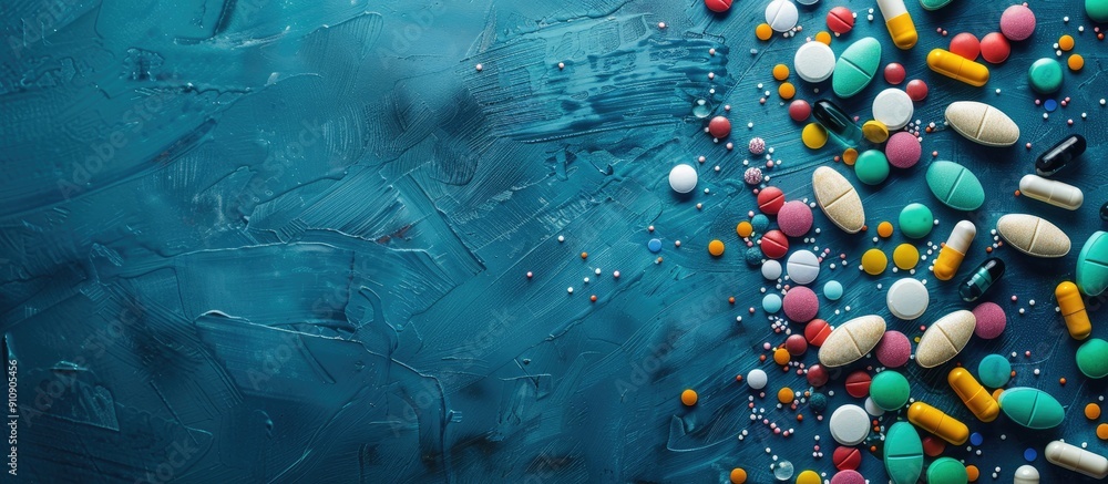 Poster vibrant pills and tablets with diverse colors on a drug themed border background perfect for copy sp