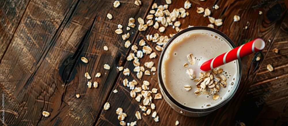 Poster wooden background featuring a glass of oat milk with a red paper straw leaving space for other eleme