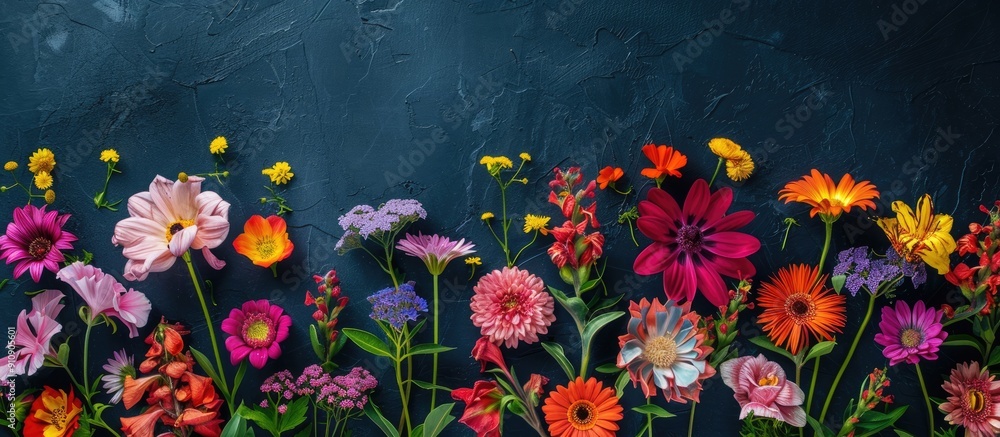 Poster copy space image showcasing numerous lovely flowers set against a dark backdrop ideal for design pro