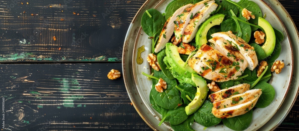 Poster top view of a spinach salad featuring grilled chicken avocado and walnuts on a plate set against a d