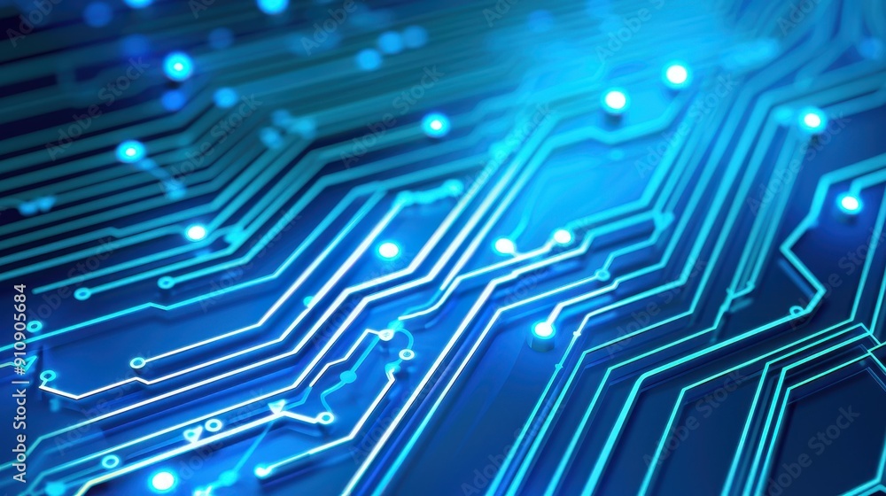Poster a vibrant circuit board with illuminated elements set against a deep blue backdrop, showcasing the e