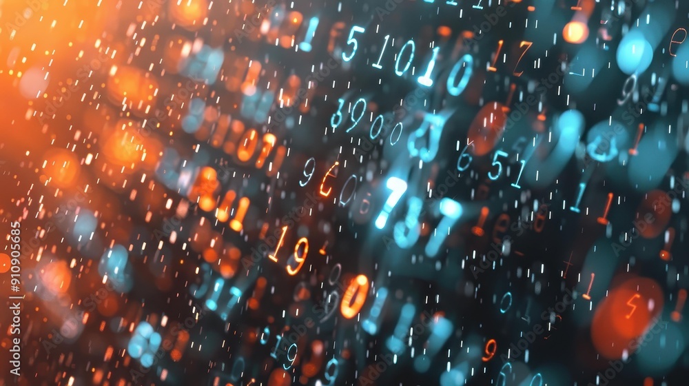 Poster explore the mesmerizing dance of digital binary code illuminated by glowing blue lights against a da