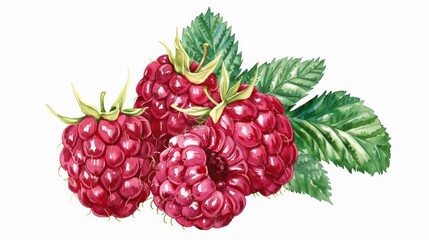 Beautiful handdrawn raspberry art with vibrant green leaves, perfect for food lovers and art enthusiasts alike.