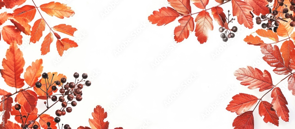 Aufkleber Foliage of red rowan leaves against a white backdrop creating an autumn themed frame with a blank area for additional content like a copy space image