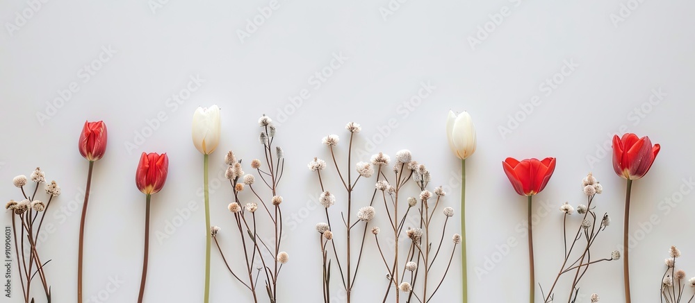 Aufkleber A spring themed image featuring tulips and pussy willow arranged creatively with space for text ideal for floral or women s day concepts in a flat lay composition. Creative banner. Copyspace image