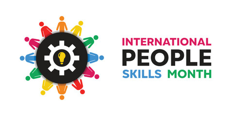 International People Skills Month. People, lamp and gear. Great for cards, banners, posters, social media and more. White background.