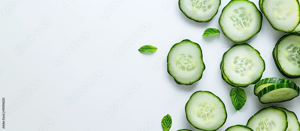 Poster fresh healthy cucumber showcased on a plain white backdrop with ample copy space image for health fo