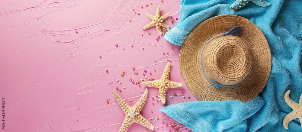 Poster top down summer holiday theme with a pink background featuring a straw hat blue towel and starfish i