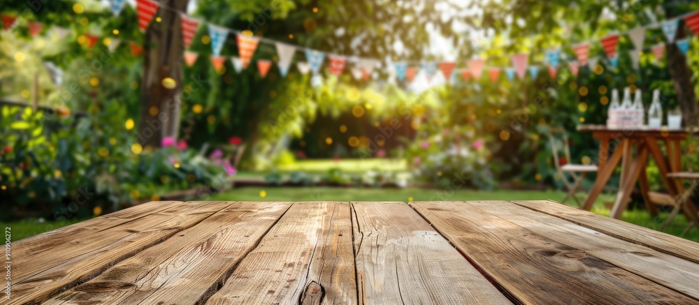 Aufkleber An empty wooden table set up in a backyard party scenario with festive bunting decorations in the background ideal as a copy space image