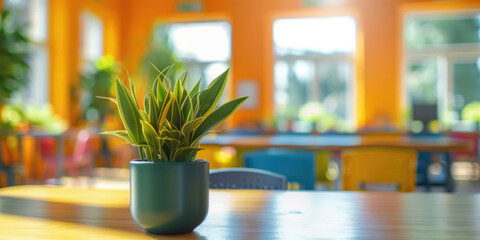 The blurred background of a school office, dining room, hall, cafe or coworking. The unfocused interior of a modern room in orange tones, with tables and chairs