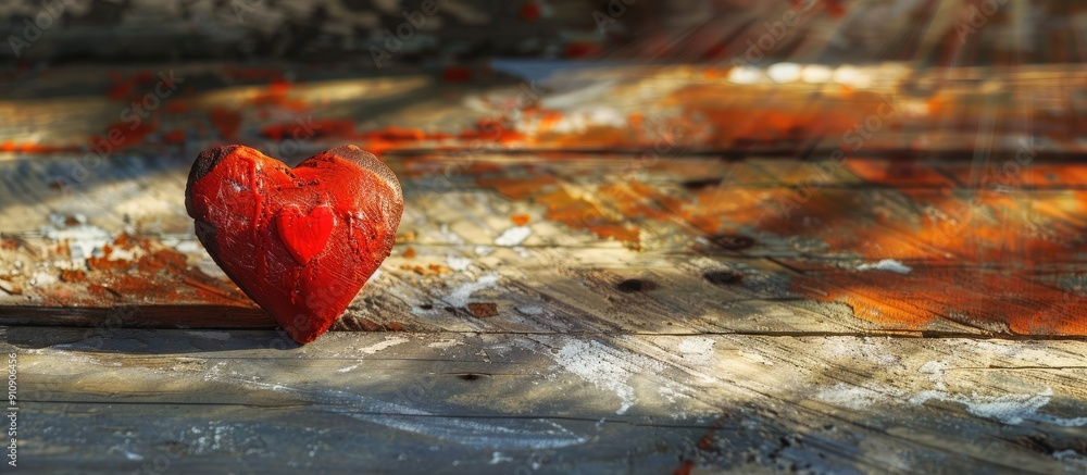 Fototapete rustic valentine s day background featuring a handmade red heart on a weathered backdrop with sunray