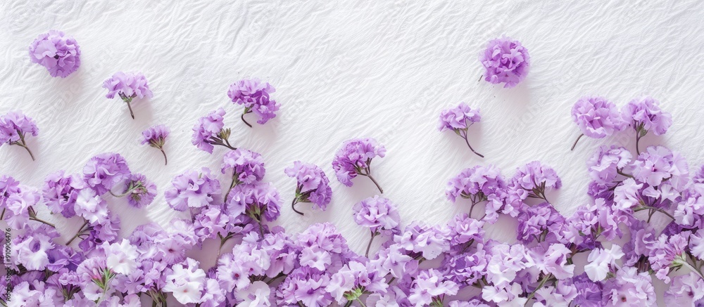 Aufkleber Purple fluffy flowers arranged neatly on a white background with a thick carpet creating a flat lay composition with ample copy space image