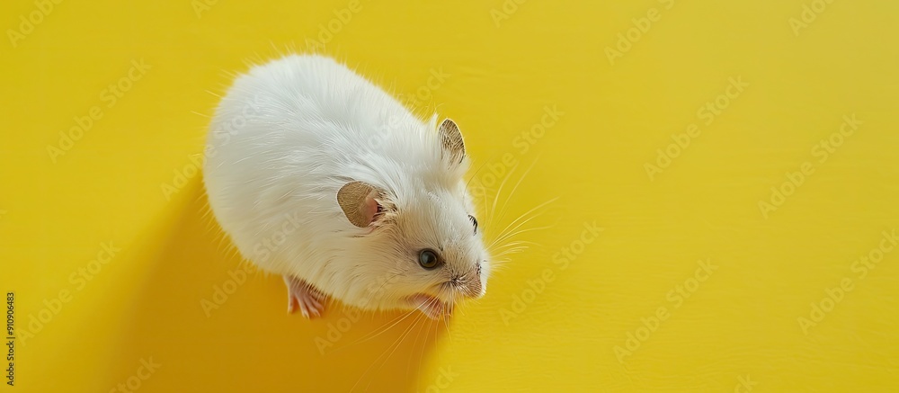 Poster View from the top of a yellow surface features a small fluffy hamster eating with copy space image available