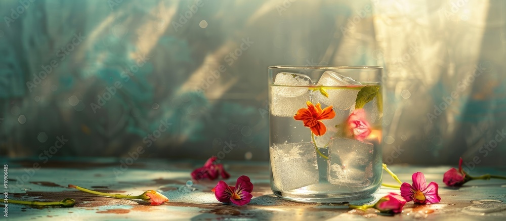 Leinwandbilder table with a glass of water and decorative ice cubes with flowers floating in it providing a copy sp