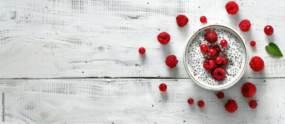 Poster Vanilla chia pudding with red berries on a white wooden backdrop perfect for a healthy snack concept with space for adding text or other images. Creative banner. Copyspace image