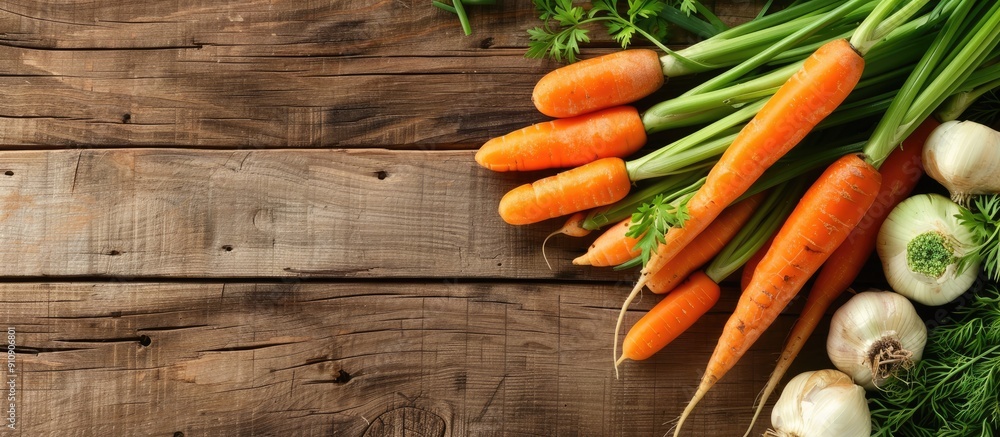 Aufkleber Fresh carrot and spring onion on a wooden table surface with copy space image