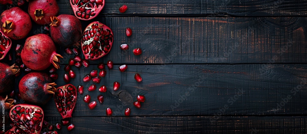 Poster top view of a heap of sliced pomegranate on a sleek dark wooden surface with copy space image