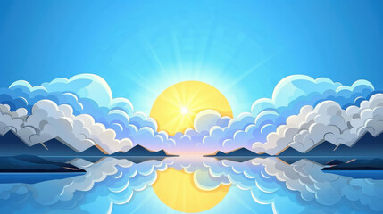 A vibrant scene where a light blue sky mirrors beautifully in calm waters, capturing serene outdoor vibes.