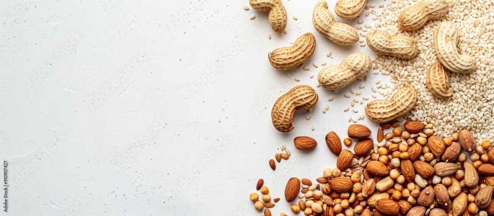 Poster Sesame seeds and peanuts arranged on a plain white backdrop with copy space image