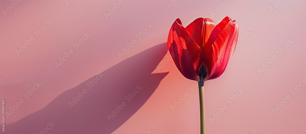 Poster vivid red tulip with delicate petals in sunlight on pink backdrop focusing with copy space image