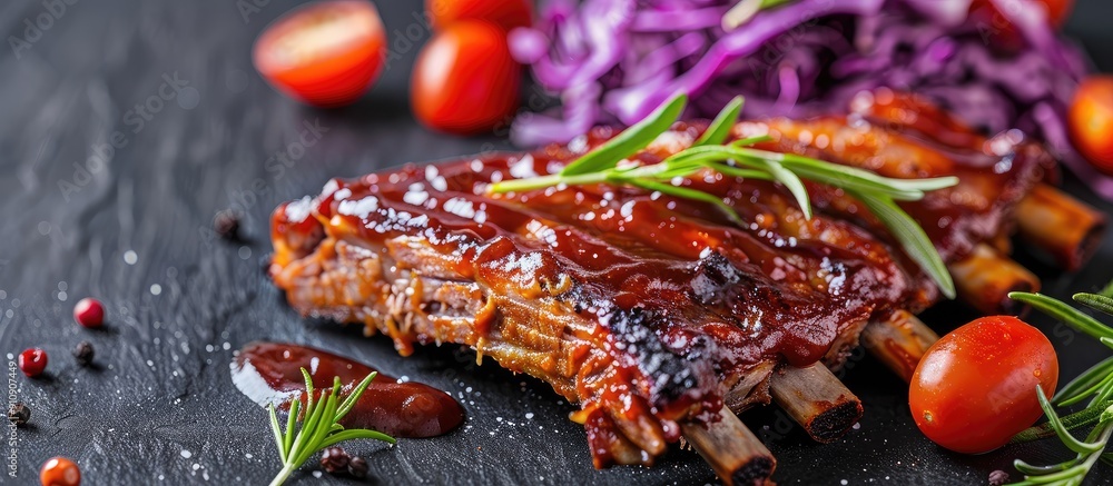Poster grilled ribs in barbecue sauce with cabbage salad and cherry tomatoes viewed from the side with spac