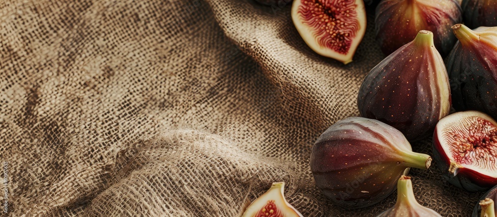 Aufkleber Horizontal sackcloth background with a mix of whole figs and a single sliced fig bringing focus to the copy space image