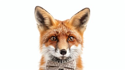 Obraz premium A red fox wearing a bow tie looks at the camera against a white background.