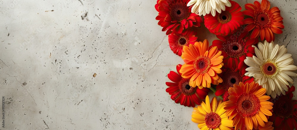 Poster Mock up displaying a vibrant bouquet of gerbera daisies on a white brick backdrop with copy space image